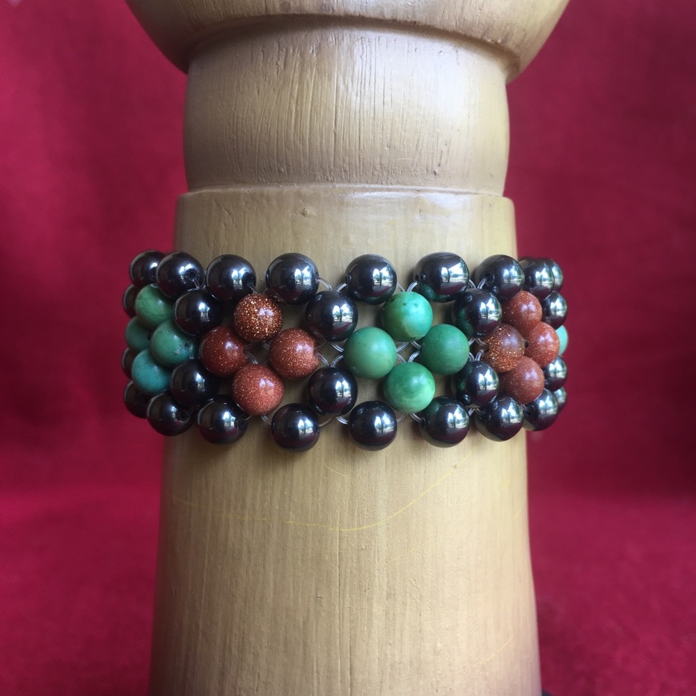 Turquoise, goldstone, and hematite bracelet
